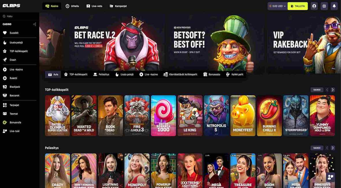 Claps Casino pääsivu