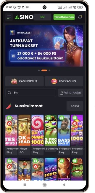 Asino Casinon pääsivun kuvakaappaus mobiililaitteella