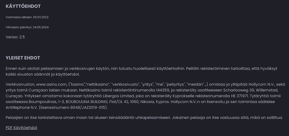 Asino Casino käyttöehdot sivu