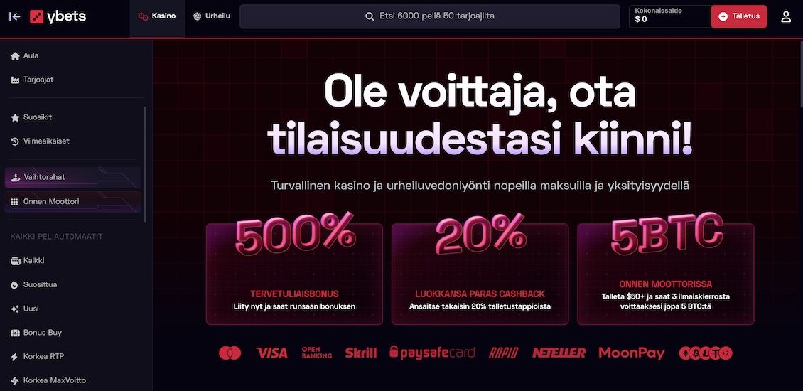 Kuva Ybets Casinon pääsivulta